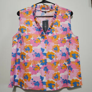 Women's Michelle McDowell Floral Ruffle V-Neck Sleeveless Blouse Pink Orange